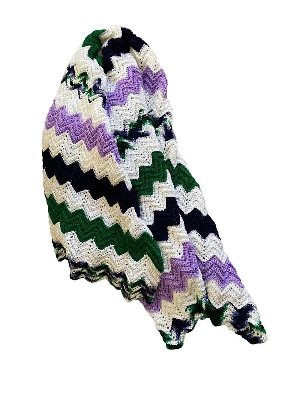 Vintage Handmade Crochet Chevron Afghan: Wool Lap Blanket, Cottagecore Decor